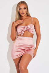 Pink Tie Front Satin Crop Top + Skirt Co-ord - Orla-Co-ords