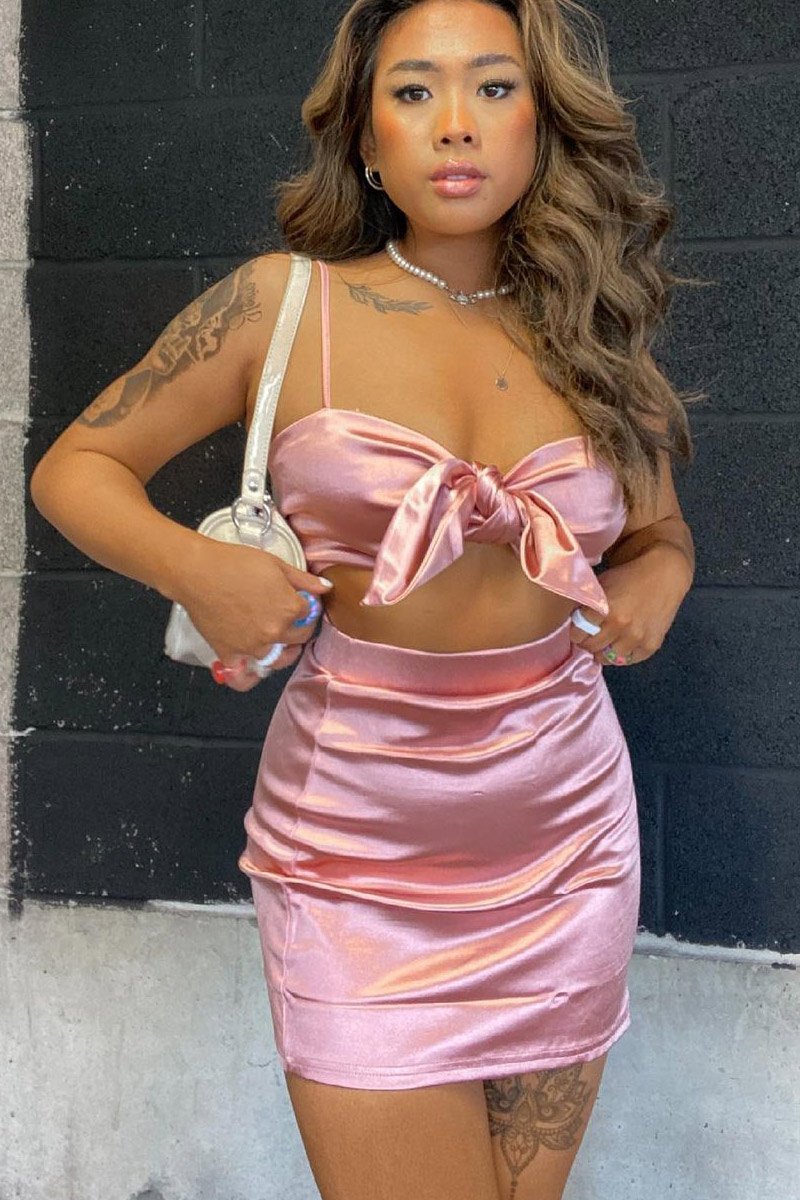 Pink Tie Front Satin Crop Top + Skirt Co-ord - Orla-Co-ords