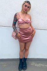 Pink Tie Front Satin Crop Top + Skirt Co-ord - Orla-Co-ords