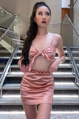 Pink Tie Front Satin Crop Top + Skirt Co-ord - Orla