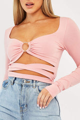 Pink Tie Wrap Front Ring Detail Crop Top - Taylor-Crop Tops
