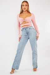 Pink Tie Wrap Front Ring Detail Crop Top - Taylor-Crop Tops
