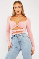 Pink Tie Wrap Front Ring Detail Crop Top - Taylor-Crop Tops