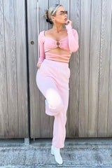 Pink Tie Wrap Front Ring Detail Crop Top - Taylor-Crop Tops
