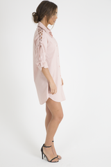 Pink Tied Shoulder Oversized Shirt Dress - Helen-Dresses