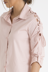 Pink Tied Shoulder Oversized Shirt Dress - Helen-Dresses