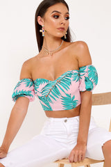 Pink Tropical Bardot Crop Top - Candis-Crop Tops