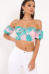Pink Tropical Bardot Crop Top - Candis-Crop Tops