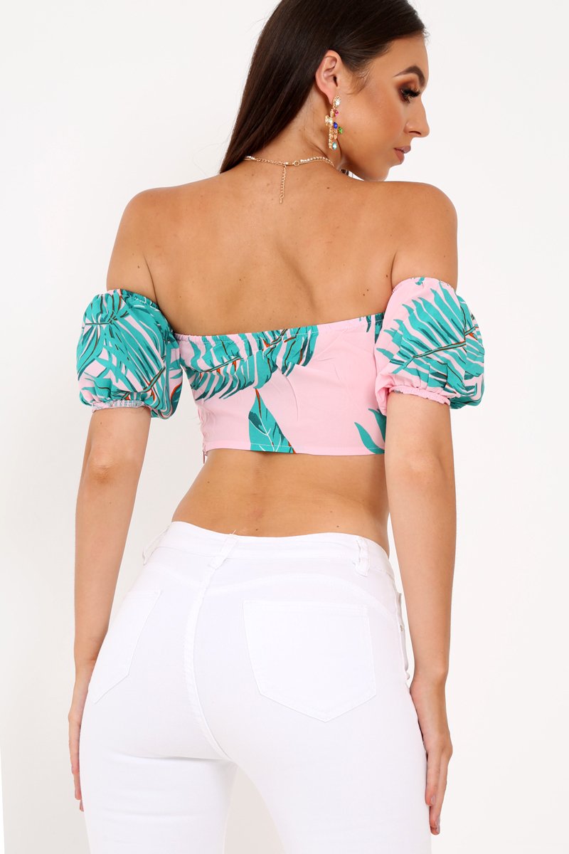 Pink Tropical Bardot Crop Top - Candis-Crop Tops