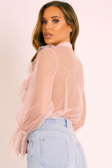 Pink Tulle Ruffle Tie Detail Shirt - Vanessa-Shirts