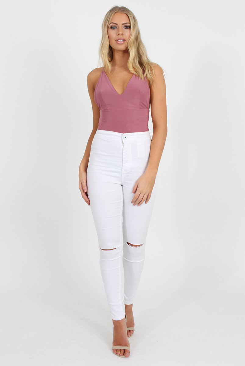Pink V Front Bodysuit - Jill-Bodysuits