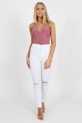 Pink V Front Bodysuit - Jill-Bodysuits