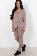 Pink V Neck Loungewear Set-Kimi-Loungewear