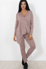 Pink V Neck Loungewear Set-Kimi-Loungewear