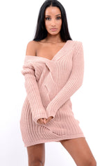 Pink V Neck Twist Knit Jumper Dress - Tilly-Jumper