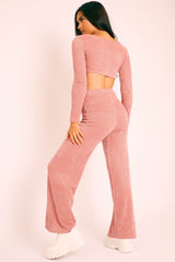 Pink Velour Crop Top Wide Leg Trouser Co-Ord - Salina-Co-ords