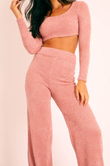 Pink Velour Crop Top Wide Leg Trouser Co-Ord - Salina-Co-ords
