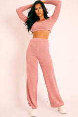 Pink Velour Crop Top Wide Leg Trouser Co-Ord - Salina-Co-ords