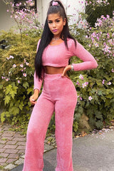 Pink Velour Crop Top Wide Leg Trouser Co-Ord - Salina-Co-ords