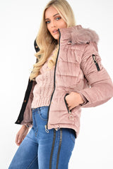 Pink Velour Fur Hood Puffer Jacket - Eastlynn-Coats