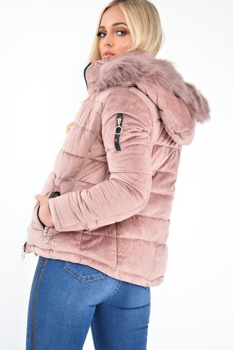 Pink Velour Fur Hood Puffer Jacket - Eastlynn-Coats