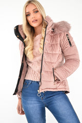 Pink Velour Fur Hood Puffer Jacket - Eastlynn-Coats