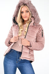 Pink Velour Fur Hood Puffer Jacket - Eastlynn-Coats
