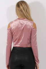Pink Velvet Cold Shoulder Crop Top - Presile-Crop Tops