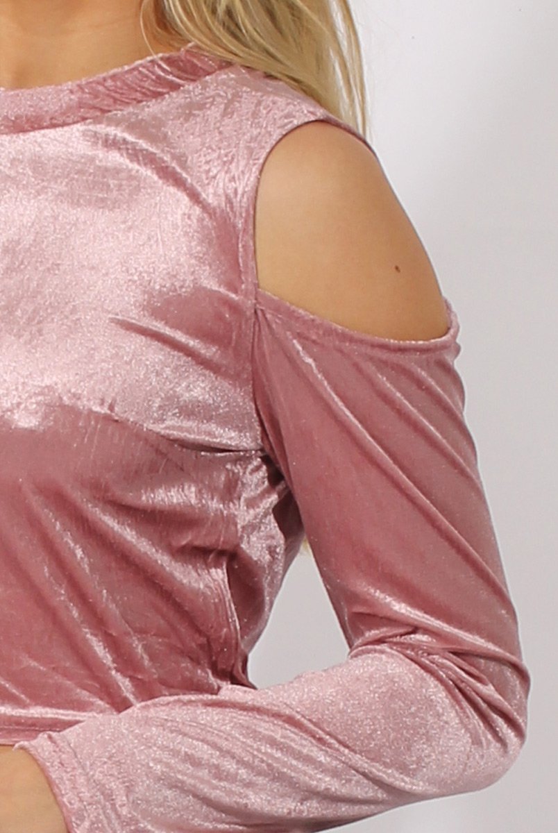 Pink Velvet Cold Shoulder Crop Top - Presile-Crop Tops
