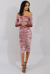 Pink Velvet Ruched Bardot Bodycon Dress - Louise-Dresses