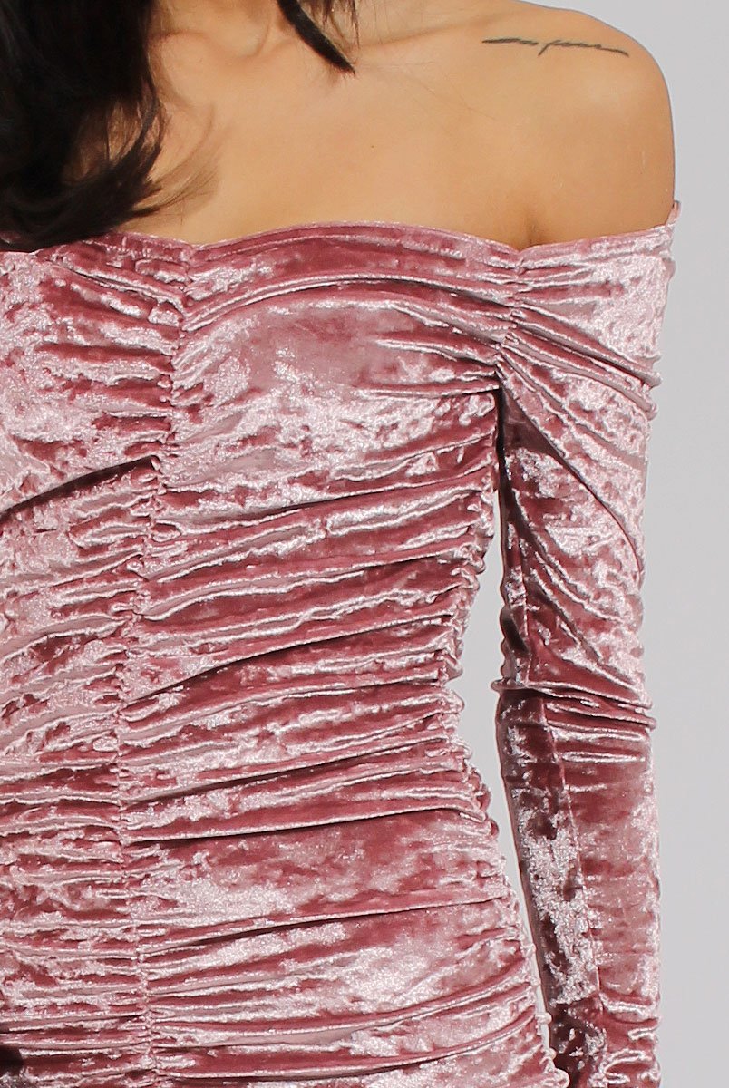 Pink Velvet Ruched Bardot Bodycon Dress - Louise Rebellious Fashion Pink Velvet Ruched Bardot Bodycon Dress - Louise Rebellious Fashion