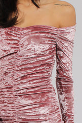 Pink Velvet Ruched Bardot Bodycon Dress - Louise-Dresses