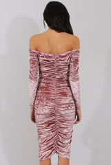 Pink Velvet Ruched Bardot Bodycon Dress - Louise-Dresses