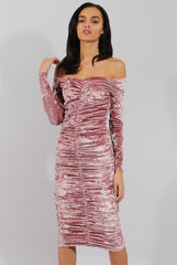 Pink Velvet Ruched Bardot Bodycon Dress - Louise-Dresses
