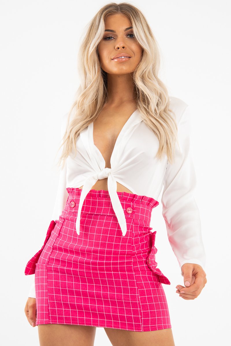 Pink White Check Ruffle Waist Zip Front Skirt - Izzie-Skirts