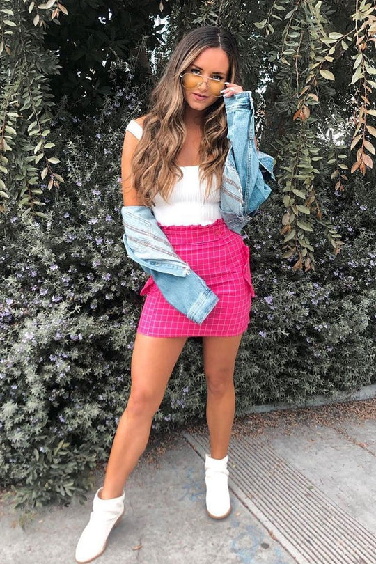 Pink White Check Ruffle Waist Zip Front Skirt - Izzie