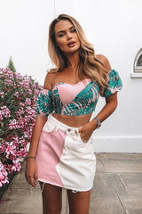 Pink White Colour Block Denim Skirt - Runa-Skirts