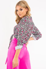 Pink White Snake Print Tie Front Shirt - Maisha-Shirts