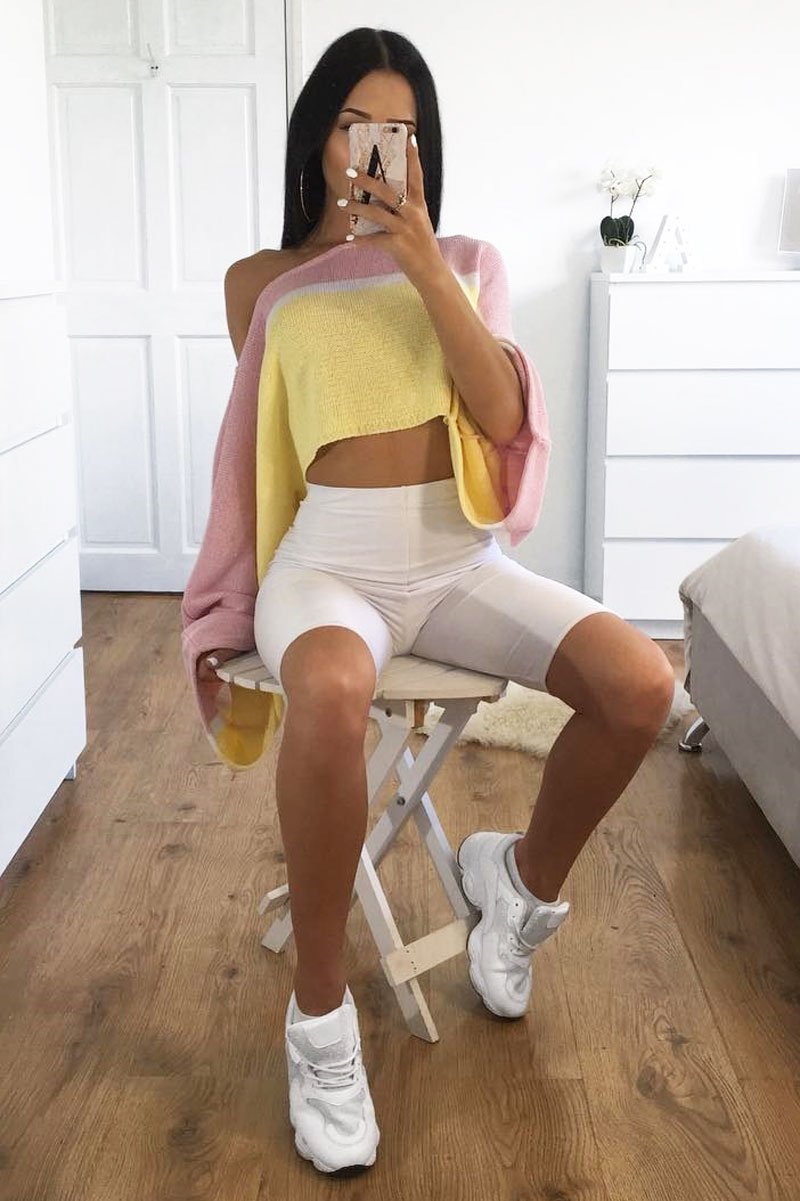 Pink White and Yellow Stripe Contrast Jumper - Emylee-Jumper