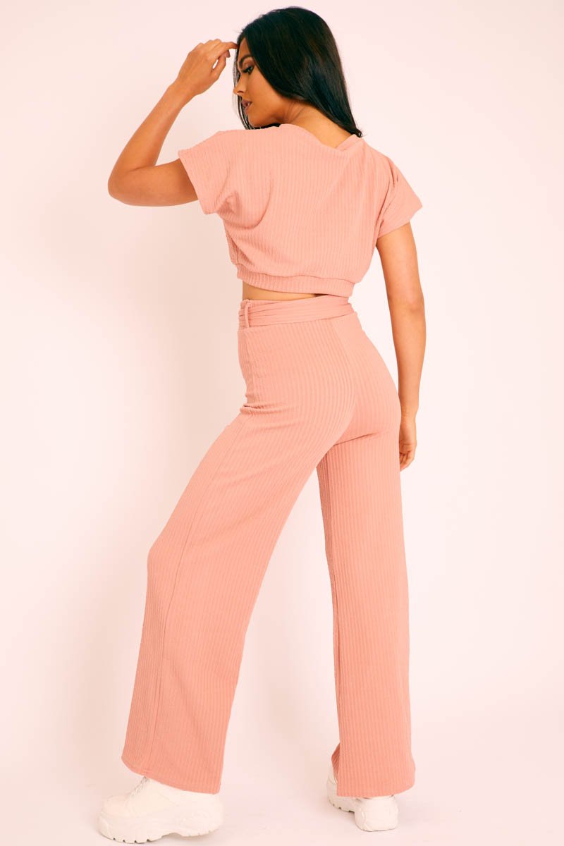 Pink Wide Leg Ribbed Crop Top Loungewear Co-ord - Cesilia-Loungewear
