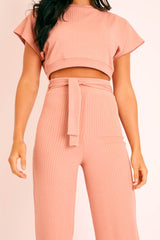 Pink Wide Leg Ribbed Crop Top Loungewear Co-ord - Cesilia-Loungewear
