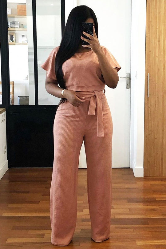 Pink Wide Leg Ribbed Crop Top Loungewear Co-ord - Cesilia