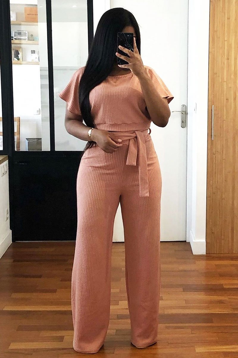 Pink Wide Leg Ribbed Crop Top Loungewear Co-ord - Cesilia-Loungewear