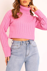 Pink Wide Rib Roll Neck Jumper - Joyanna-Jumper