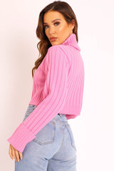 Pink Wide Rib Roll Neck Jumper - Joyanna-Jumper