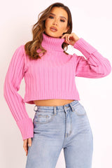Pink Wide Rib Roll Neck Jumper - Joyanna-Jumper