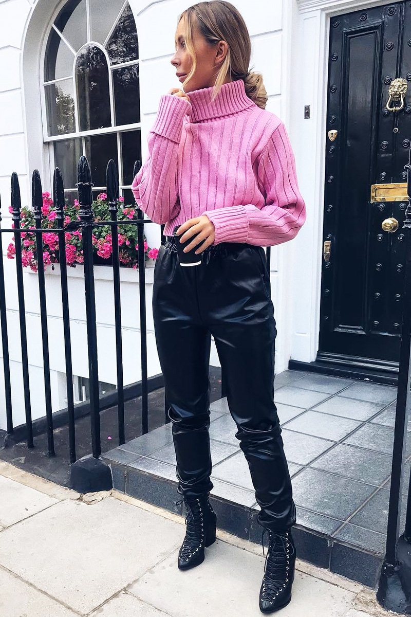 Pink Wide Rib Roll Neck Jumper - Joyanna-Jumper