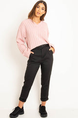 Pink Wide Rib V Neck Jumper - Alinah-Jumper
