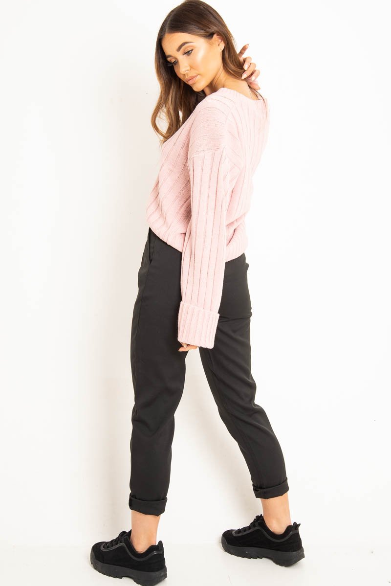 Pink Wide Rib V Neck Jumper - Alinah-Jumper