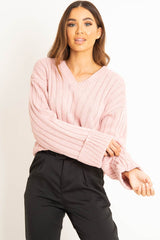Pink Wide Rib V Neck Jumper - Alinah-Jumper